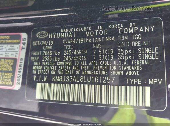 KM8J33AL8LU161257 2020 HYUNDAI TUCSON Black Vista del compartimento del motor