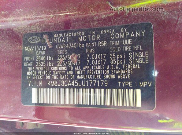KM8J3CA45LU177179 2020 HYUNDAI TUCSON Red Вид підкапотного простору