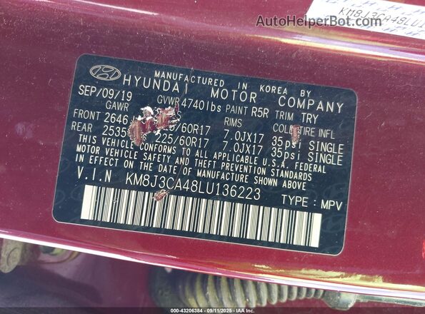 KM8J3CA48LU136223 2020 HYUNDAI TUCSON Red Vista del compartimento del motor