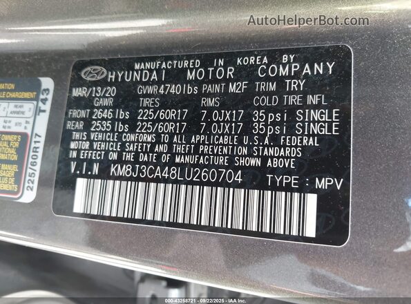 KM8J3CA48LU260704 2020 HYUNDAI TUCSON Gray Շարժիչի բաժամունքի տեսք