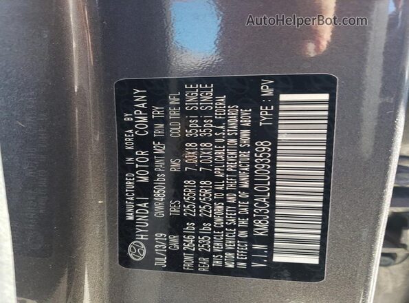 KM8J3CAL0LU093598 2020 HYUNDAI TUCSON Charcoal VIN კოდის სტიკერის ხედი