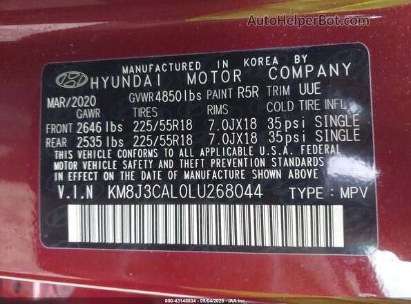 KM8J3CAL0LU268044 2020 HYUNDAI TUCSON Burgundy Vista del compartimento del motor