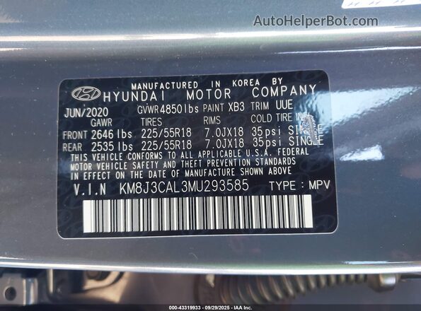 KM8J3CAL3MU293585 2021 HYUNDAI TUCSON Gray Widok komory silnika