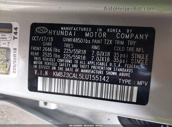 KM8J3CAL5LU155142 2020 HYUNDAI TUCSON Gray Vista del compartimento del motor