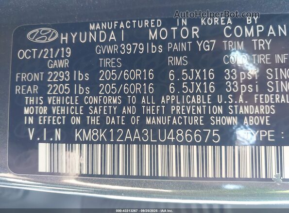 KM8K12AA3LU486675 2020 HYUNDAI KONA Gray Vista del compartimento del motor