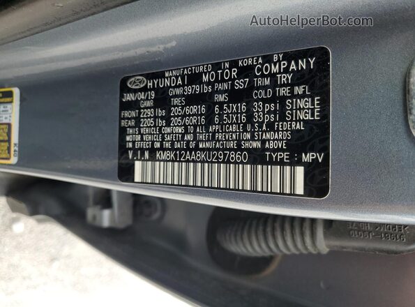 KM8K12AA8KU297860 2019 HYUNDAI KONA Gray Vista de la etiqueta del VIN