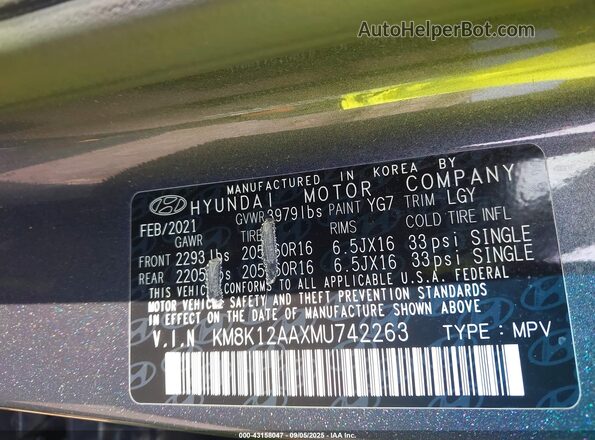 KM8K12AAXMU742263 2021 HYUNDAI KONA Gray Widok komory silnika