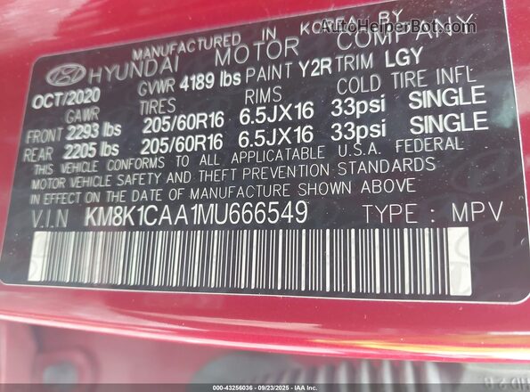 KM8K1CAA1MU666549 2021 HYUNDAI KONA Red 