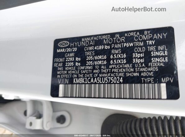 KM8K1CAA5LU575024 2020 HYUNDAI KONA White Widok komory silnika