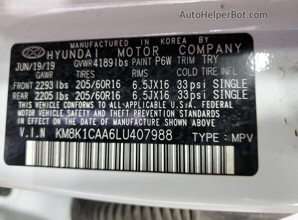 KM8K1CAA6LU407988 2020 HYUNDAI KONA White Вид підкапотного простору