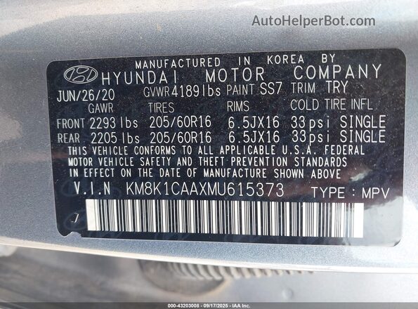 KM8K1CAAXMU615373 2021 HYUNDAI KONA Gray Շարժիչի բաժամունքի տեսք