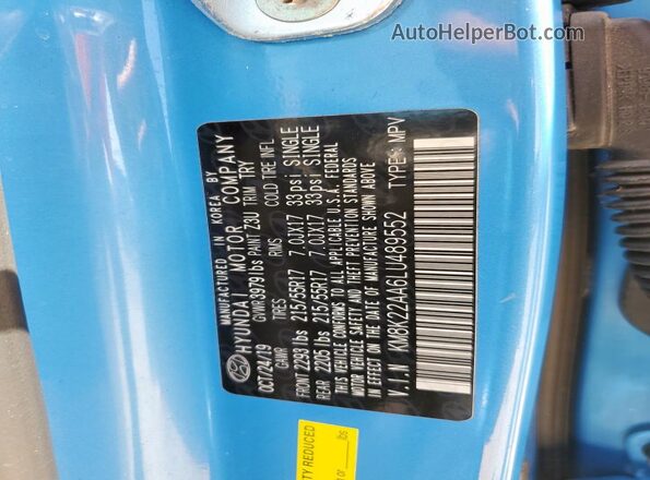 KM8K22AA6LU489552 2020 HYUNDAI KONA Blue Вид підкапотного простору