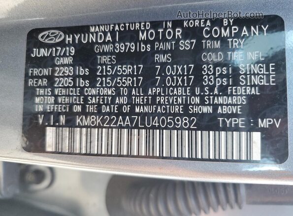 KM8K22AA7LU405982 2020 HYUNDAI KONA Gray Vista del compartimento del motor