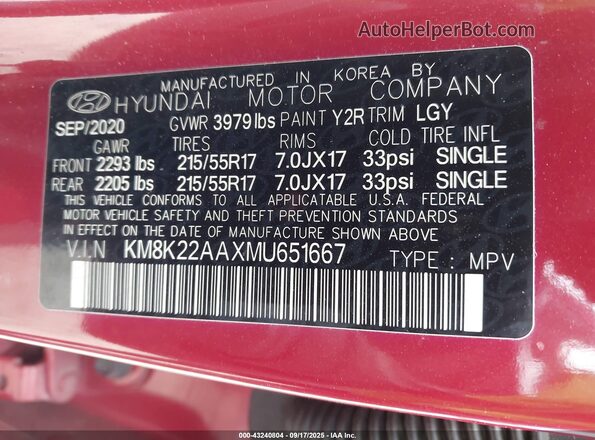 KM8K22AAXMU651667 2021 HYUNDAI KONA Red Vista del compartimento del motor