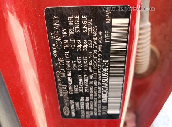 KM8K2CAA5LU596730 2020 HYUNDAI KONA Red Vista de la etiqueta del VIN