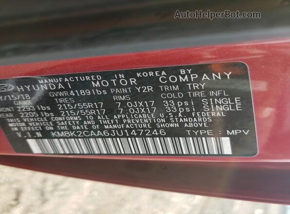 KM8K2CAA6JU147246 2018 HYUNDAI KONA Red 