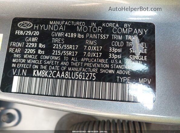 KM8K2CAA8LU561275 2020 HYUNDAI KONA Gray Շարժիչի բաժամունքի տեսք