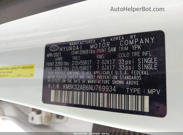 KM8K32AB6NU769934 2022 HYUNDAI KONA Белый Вид подкапотного пространства