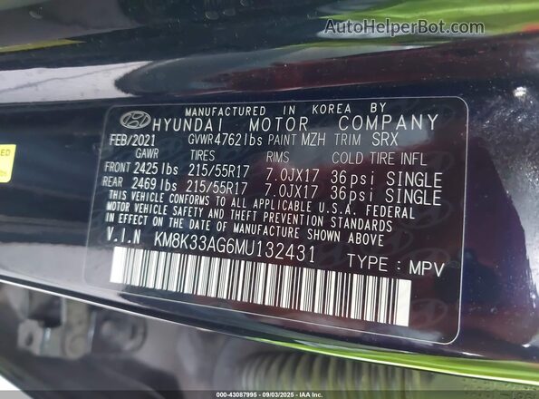 KM8K33AG6MU132431 2021 HYUNDAI KONA ELECTRIC Black 