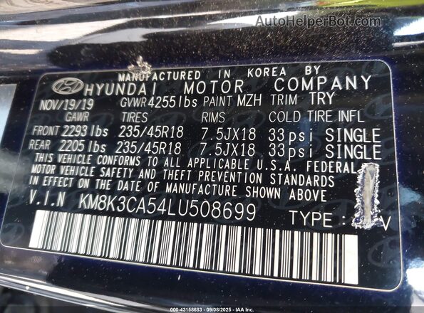 KM8K3CA54LU508699 2020 HYUNDAI KONA Black Vista del compartimento del motor