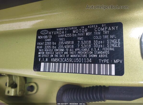 KM8K3CA59LU501134 2020 HYUNDAI KONA Green Widok komory silnika