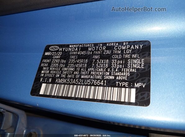 KM8K53A52LU576641 2020 HYUNDAI KONA Blue Vista del compartimento del motor