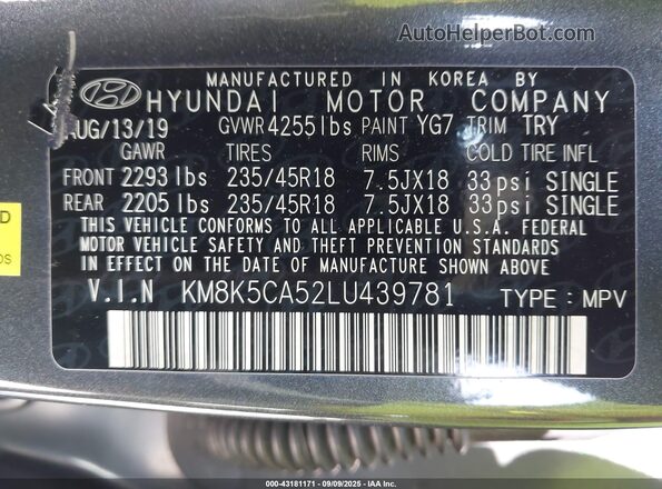 KM8K5CA52LU439781 2020 HYUNDAI KONA Gray Շարժիչի բաժամունքի տեսք