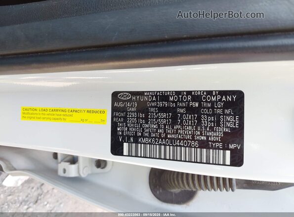 KM8K62AA0LU440786 2020 HYUNDAI KONA White ძრავის განყოფილების ხედი