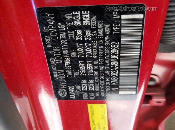KM8K62AA8MU628652 2021 HYUNDAI KONA Red VIN կոդի պիտակի տեսք