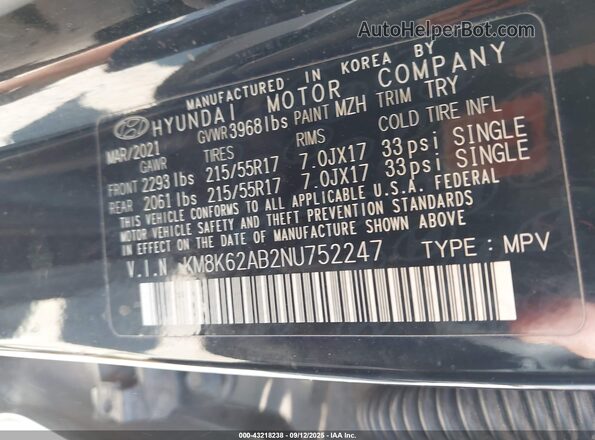 KM8K62AB2NU752247 2022 HYUNDAI KONA Black Vista del compartimento del motor