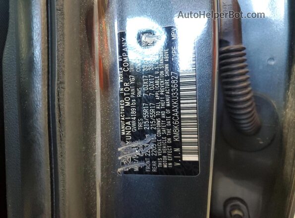 KM8K6CAAXKU336827 2019 HYUNDAI KONA Charcoal VIN კოდის სტიკერის ხედი