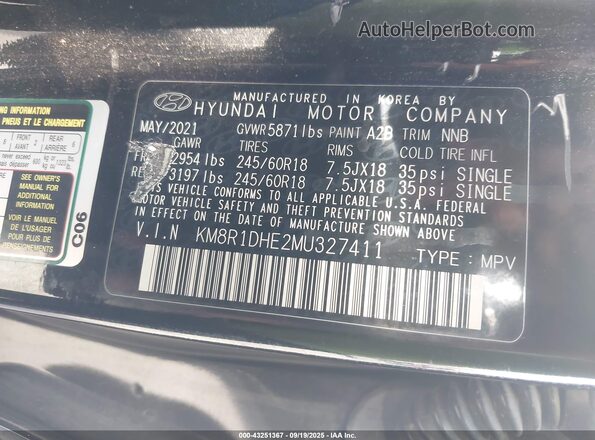 KM8R1DHE2MU327411 2021 HYUNDAI PALISADE Black Widok komory silnika