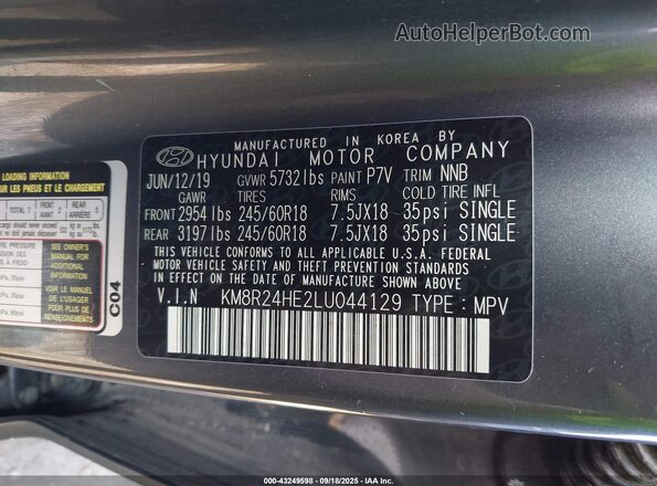 KM8R24HE2LU044129 2020 HYUNDAI PALISADE Blue Widok komory silnika