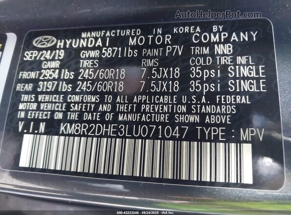 KM8R2DHE3LU071047 2020 HYUNDAI PALISADE Gray Вид підкапотного простору