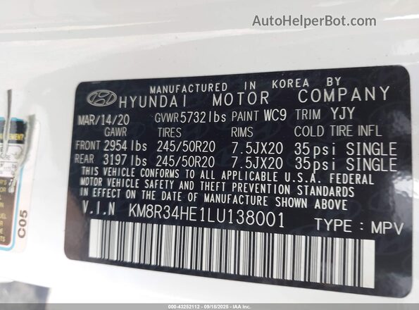 KM8R34HE1LU138001 2020 HYUNDAI PALISADE White Widok komory silnika