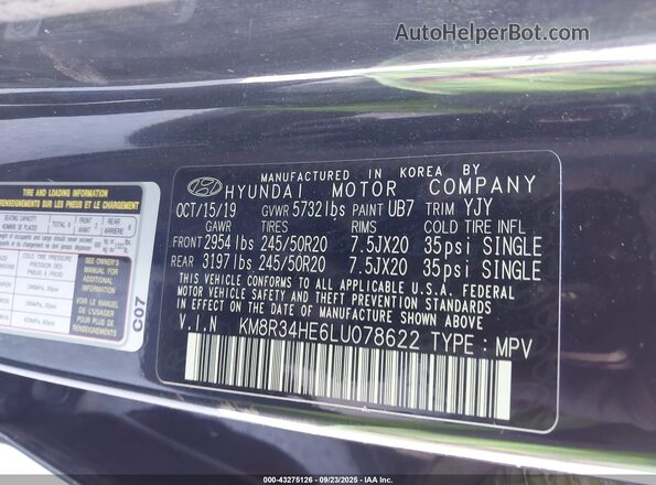 KM8R34HE6LU078622 2020 HYUNDAI PALISADE Blue Вид підкапотного простору