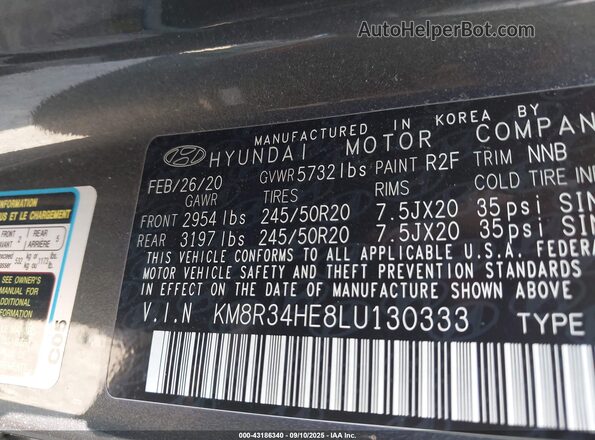 KM8R34HE8LU130333 2020 HYUNDAI PALISADE Gray Вид підкапотного простору