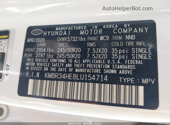 KM8R34HE8LU154714 2020 HYUNDAI PALISADE White Vista del compartimento del motor