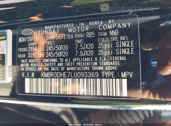 KM8R3DHE7LU093369 2020 HYUNDAI PALISADE Black Вид підкапотного простору