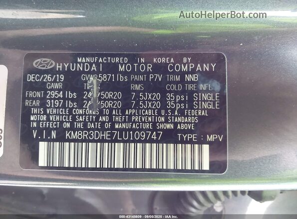 KM8R3DHE7LU109747 2020 HYUNDAI PALISADE Gray ძრავის განყოფილების ხედი