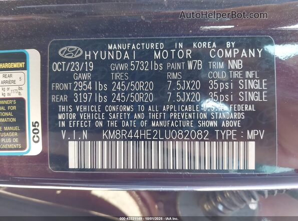 KM8R44HE2LU082082 2020 HYUNDAI PALISADE Maroon Widok komory silnika