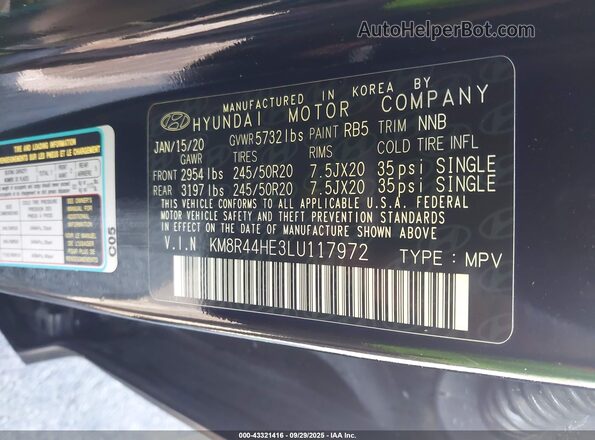 KM8R44HE3LU117972 2020 HYUNDAI PALISADE Black Widok komory silnika