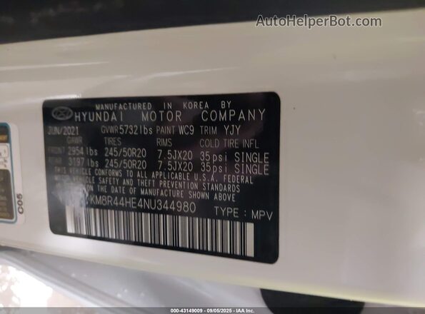 KM8R44HE4NU344980 2022 HYUNDAI PALISADE White Vista del compartimento del motor