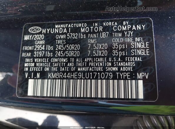 KM8R44HE9LU171079 2020 HYUNDAI PALISADE Dark Blue Вид подкапотного пространства