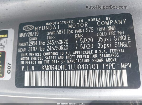 KM8R4DHE1LU040101 2020 HYUNDAI PALISADE Silver Vista del compartimento del motor