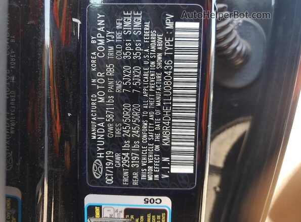 KM8R4DHE1LU080436 2020 HYUNDAI PALISADE Black VIN კოდის სტიკერის ხედი