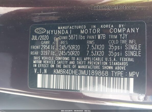 KM8R4DHE3MU189868 2021 HYUNDAI PALISADE Темно-бордовый Вид подкапотного пространства