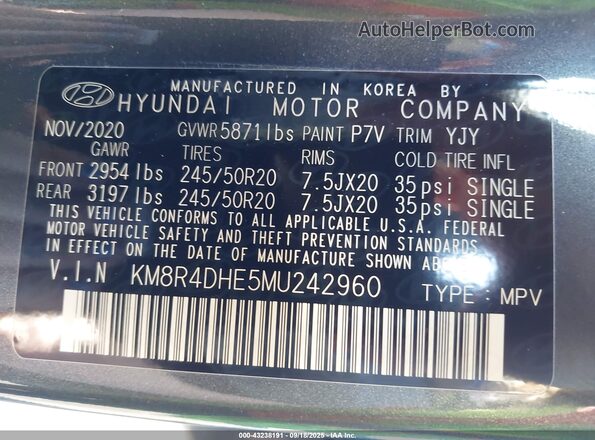 KM8R4DHE5MU242960 2021 HYUNDAI PALISADE Gray Շարժիչի բաժամունքի տեսք