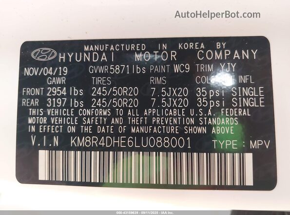 KM8R4DHE6LU088001 2020 HYUNDAI PALISADE White Widok komory silnika