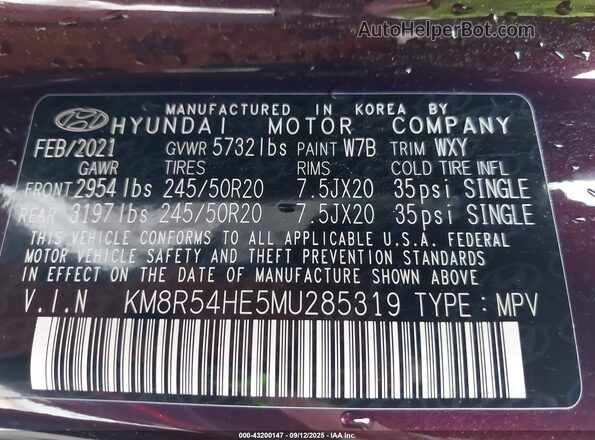 KM8R54HE5MU285319 2021 HYUNDAI PALISADE Maroon Widok komory silnika